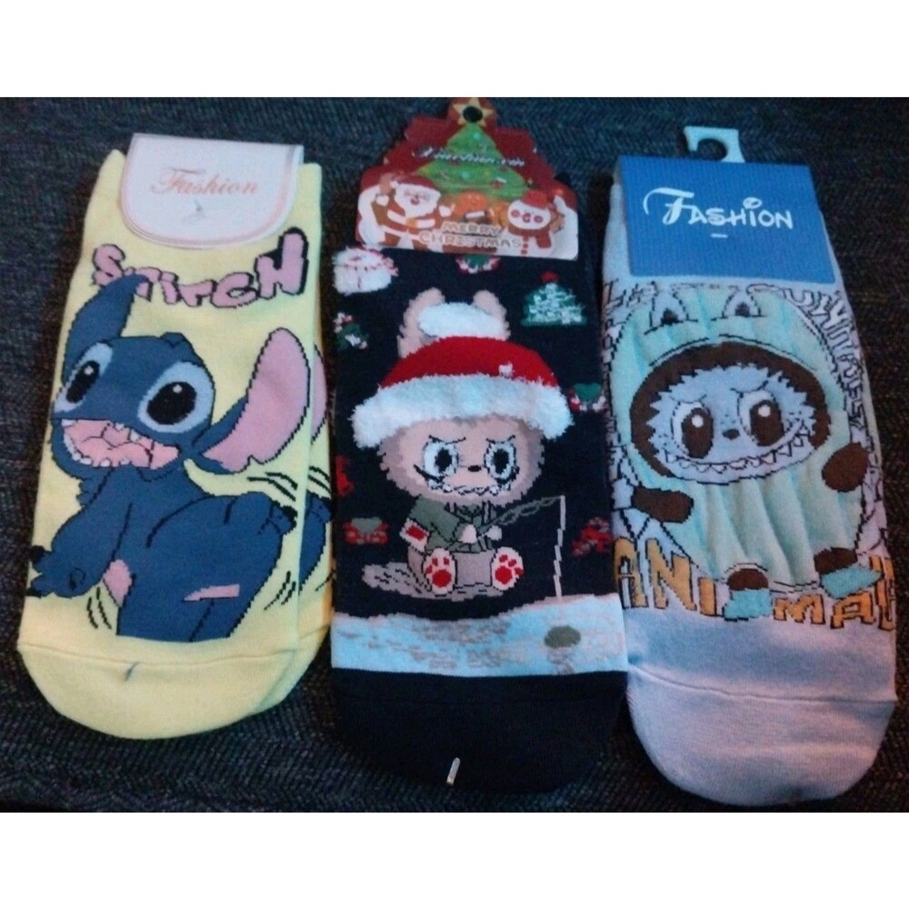 Novelty Cartoon Characters Crew Socks- 3 Pair- Stitch & Labubu- One Size